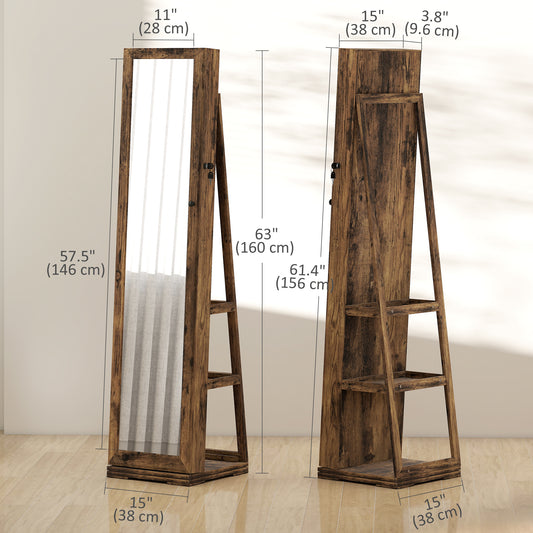 HOMCOM 360Â° Swivel Jewelry Armoire, Lockable Mirror Jewelry Cabinet with Built-In Small Mirror, Rustic Brown