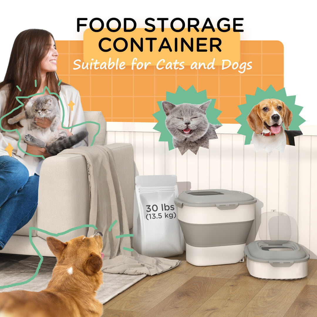 PawHut 6-30lb Dog Food Storage Container Collapsible Design with Airtight Lids, Rolling Wheels, Cup, Bowl, Spoon, Grey