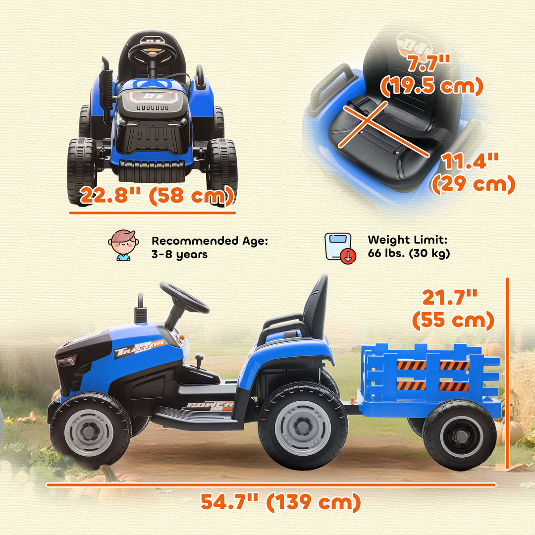 Qaba 12V Kids Ride On Tractor with Trailor, Remote Control, Music, Lights, Shifter, for Kids Ages 3-8 Years, Blue