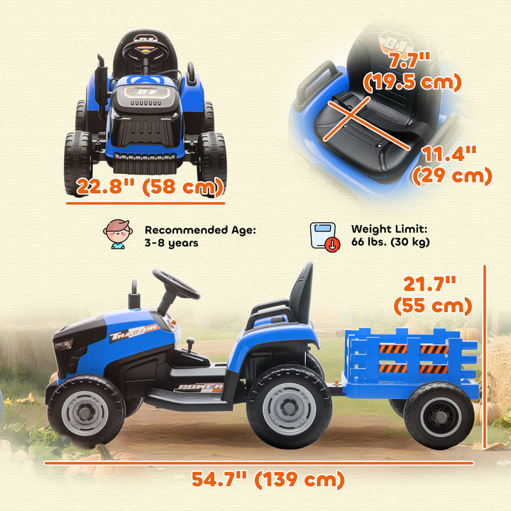 Qaba 12V Kids Ride On Tractor with Trailor, Remote Control, Music, Lights, Shifter, for Kids Ages 3-8 Years, Blue