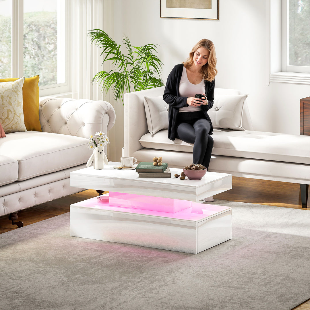 HOMCOM LED Coffee Table, Living Room Table with 2 Drawers and Open Shelf, High Gloss White