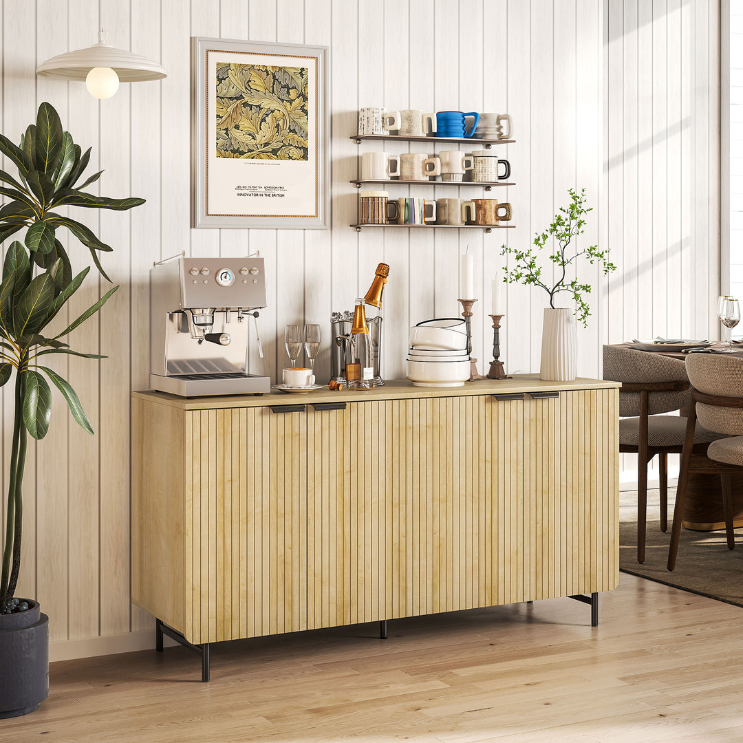 HOMCOM 55" Modern Sideboard, Fluted Buffet Cabinet with Adjustable Shelves, 5 Metal Legs for Kitchen, Living Room, Nature Wood
