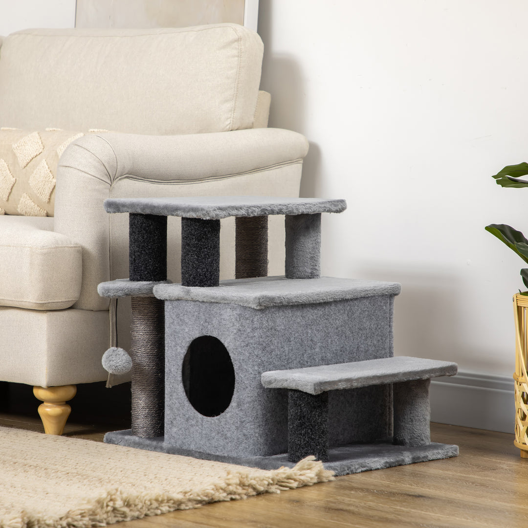PawHut Cat Stairs Pet Steps for Couch Bed with Scratching Posts Condo Ball Toy, 23.6" x 15.7" x 26", Grey