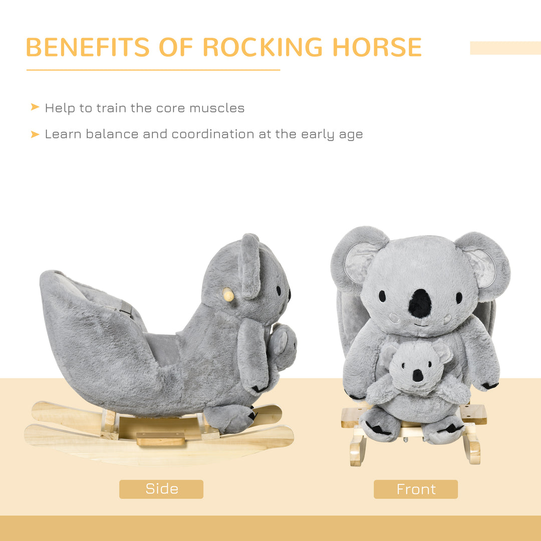 Qaba Kids Plush Ride-On Rocking Horse Koala-shaped Plush Toy Rocker with Gloved Doll Realistic Sounds for Child 18-36 Months Grey