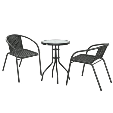 Outsunny 3 Pieces Outdoor Wicker Furniture Set with 2 Stackable Chairs, Tempered Glass Coffee Table for Garden, Backyard, Black