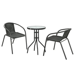 Outsunny 3 Pieces Outdoor Wicker Furniture Set with 2 Stackable Chairs, Tempered Glass Coffee Table for Garden, Backyard, Black