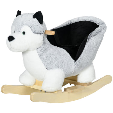 Qaba Kids Rocking Horse, Baby Rocker Chair Husky-Shaped Plush Ride on Toy with Realistic Sounds, Wooden Base, Seat Belt, for Children 18-36 Months, Grey