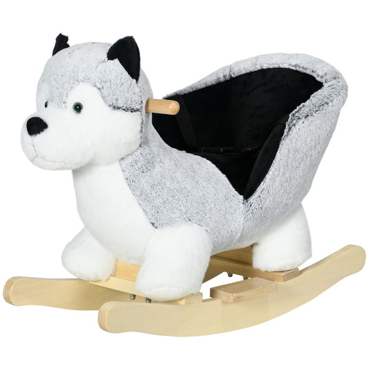 Qaba Kids Rocking Horse, Baby Rocker Chair Husky-Shaped Plush Ride on Toy with Realistic Sounds, Wooden Base, Seat Belt, for Children 18-36 Months, Grey