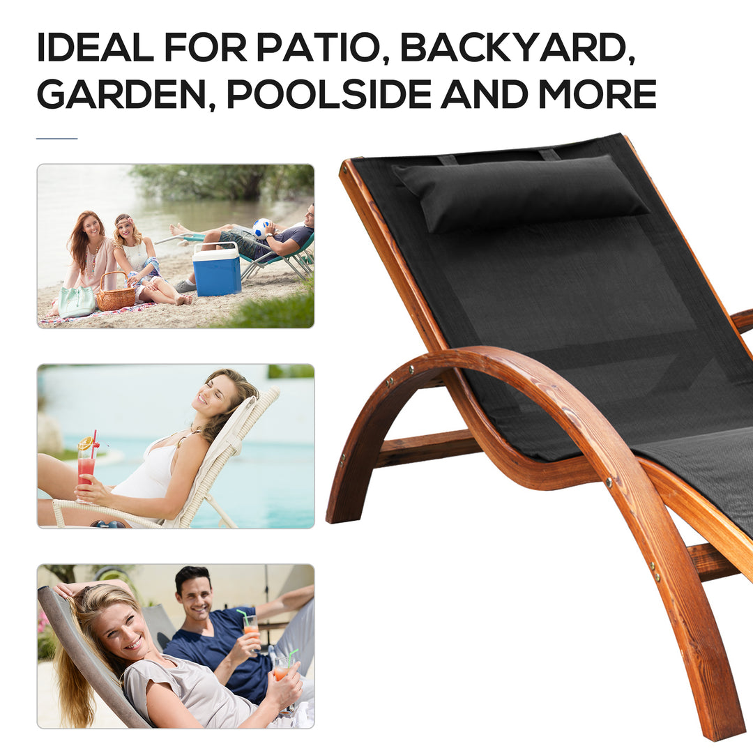 Outsunny Outdoor Wood Chaise Lounge Chair Recliner Patio Camping with Headrest, Teak & Black