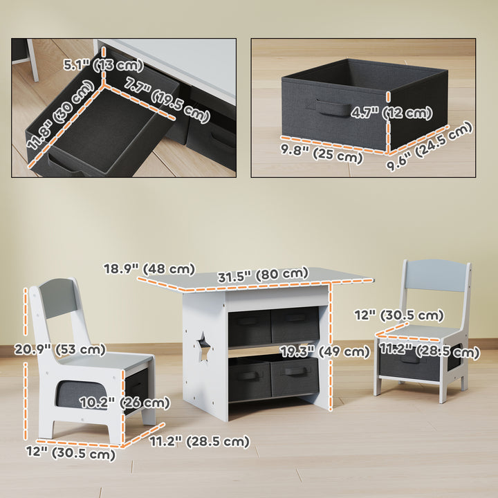 Qaba 3 Piece Kids Table and Chair Set with 6 Removable Drawers, for Classroom, Living Room, Bedroom, Nursery, Light Grey