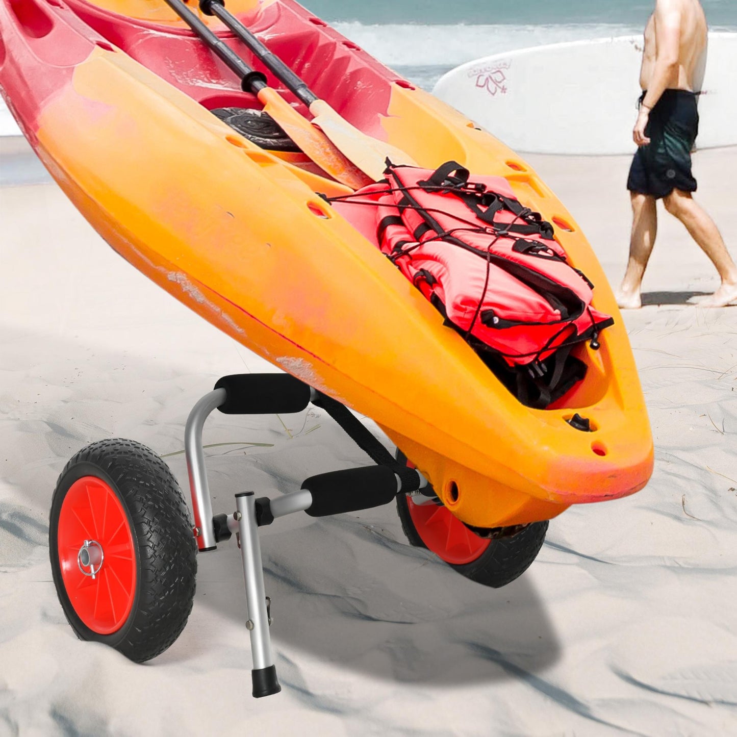 Soozier Foldable Kayak Cart, Aluminum Boat Canoe Carrier Tote Dolly Trolley Transport Trailer NO-Flat Wheel Silver