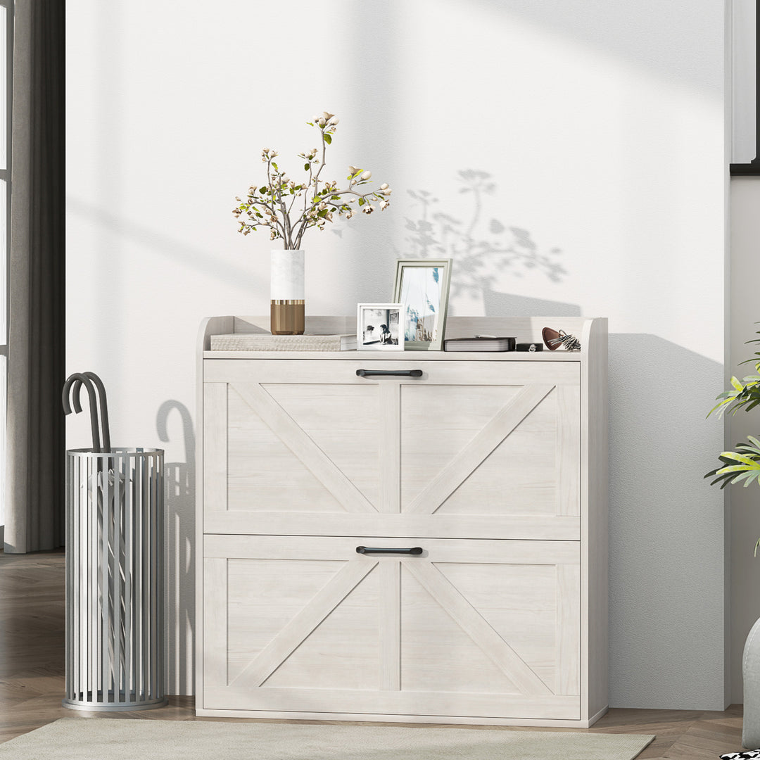 HOMCOM Narrow Shoe Storage Cabinet, Farmhouse Slim Shoe Cabinet with 2 Flip Drawers, Adjustable Shelves, White Oak