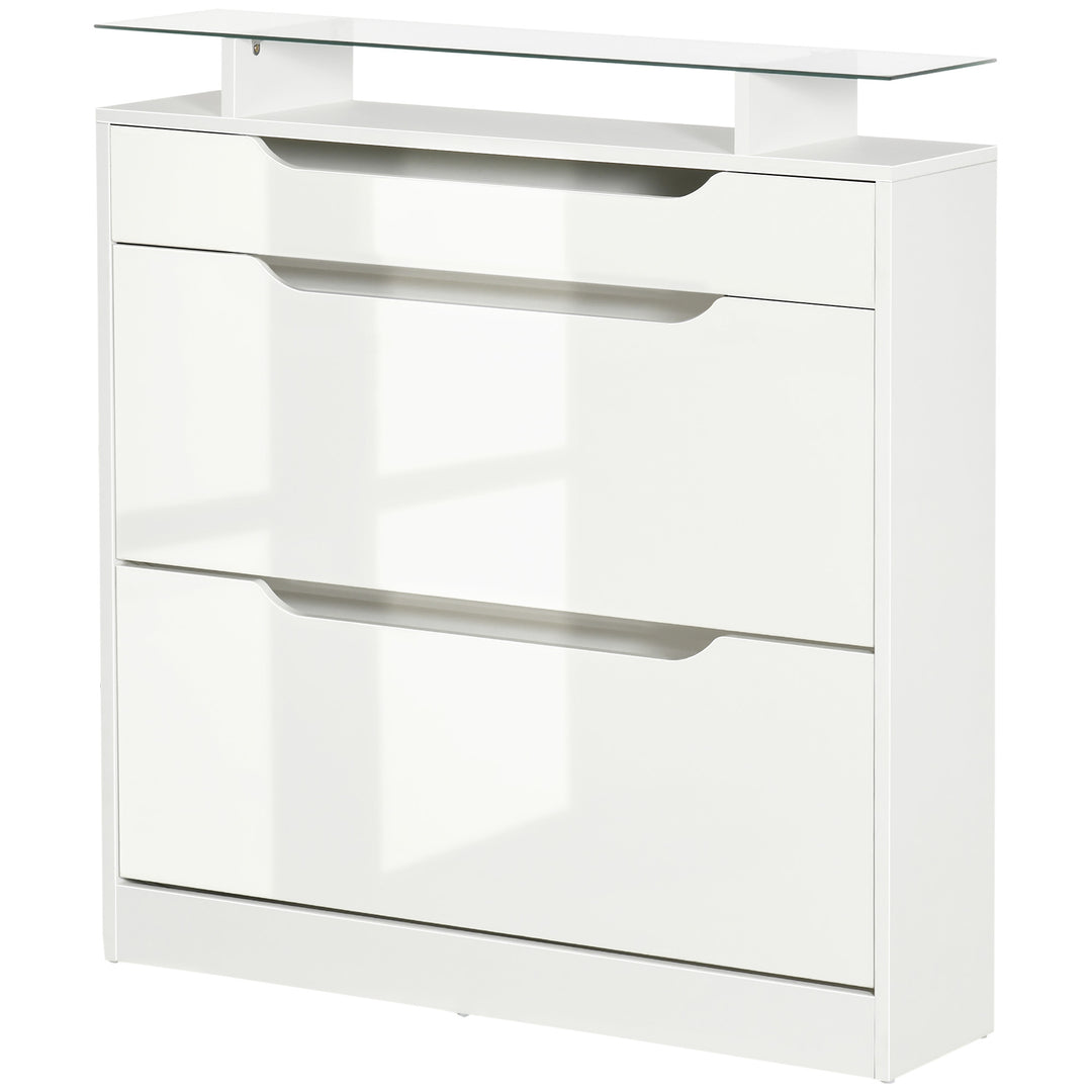 HOMCOM High Gloss Shoe Cabinet with 2 Flip Drawers and Adjustable Shelves, Narrow Shoe Storage Cabinet with Glass Top, White