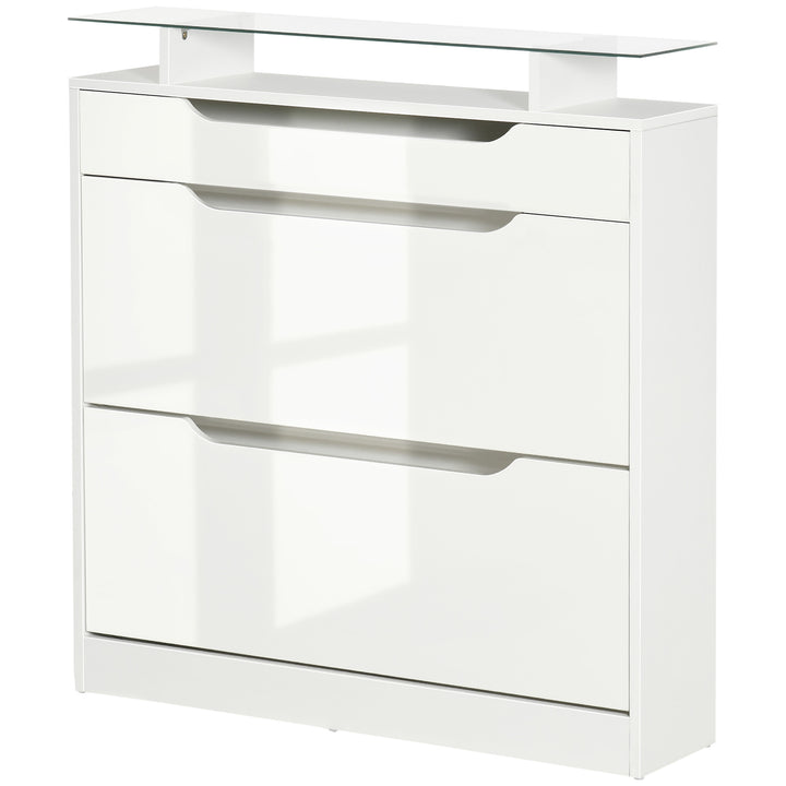 HOMCOM High Gloss Shoe Cabinet with 2 Flip Drawers and Adjustable Shelves, Narrow Shoe Storage Cabinet with Glass Top, White