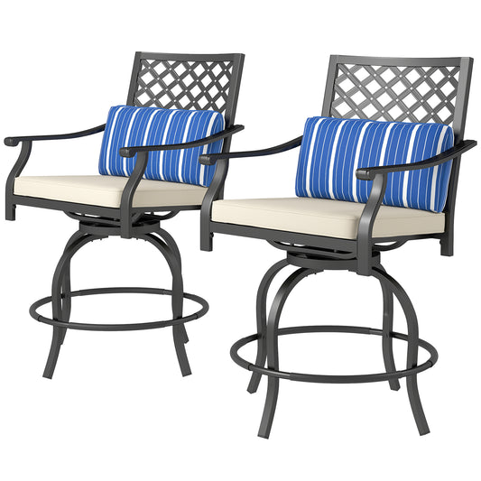 Outsunny Outdoor Bar Stools Set of 2, Bar Height Swivel Patio Chairs with Cushion, Pillow Footrest for Poolside, Backyard