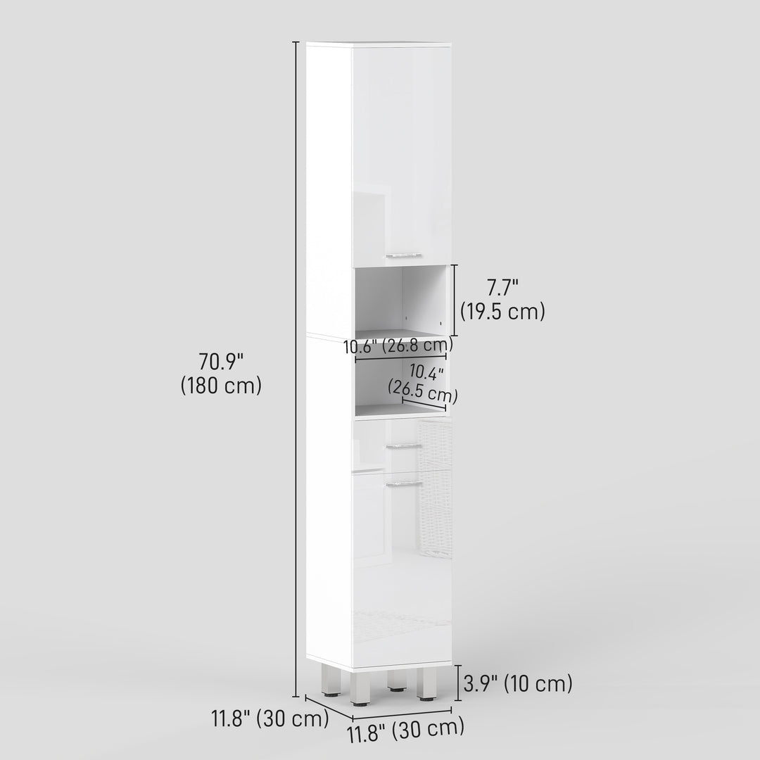 kleankin 71" Tall Bathroom Storage Cabinet, Narrow Linen Tower with Drawer, Open Shelves, 2 Doors Cabinets and Adjustable Shelves, High Gloss White