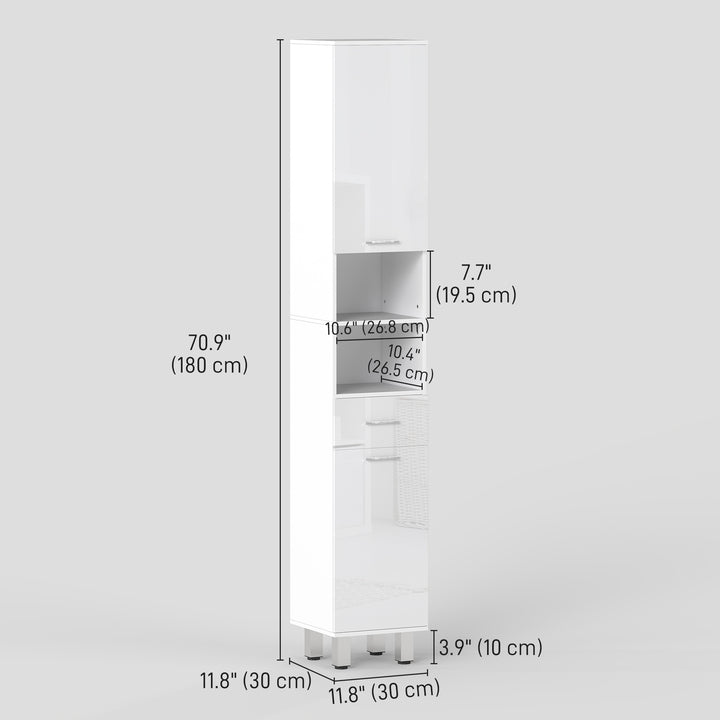 kleankin 71" Tall Bathroom Storage Cabinet, Narrow Linen Tower with Drawer, Open Shelves, 2 Doors Cabinets and Adjustable Shelves, High Gloss White