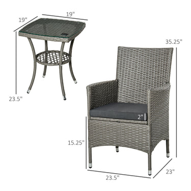 Outsunny 3 Pieces Wicker Patio Furniture Set, Rattan Bistro Set with Glass Top Coffee Table and Cushions, Outdoor Conversation Set for Garden, Porch, Balcony, Grey