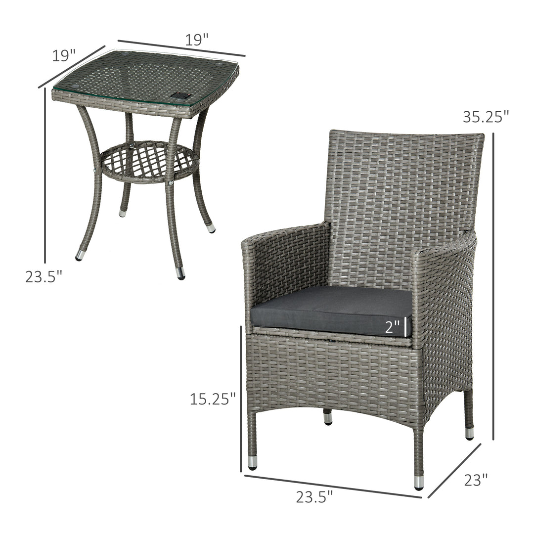 Outsunny 3 Pieces Wicker Patio Furniture Set, Rattan Bistro Set with Glass Top Coffee Table and Cushions, Outdoor Conversation Set for Garden, Porch, Balcony, Grey