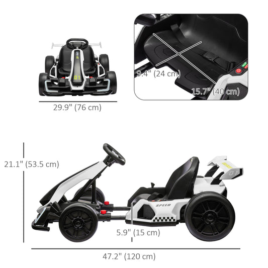 Aosom 24V Electric Go Kart, Battery Powered Kids Drift Kart with Adjustable Seat, Seat Belt, Horn, Music, Light, White