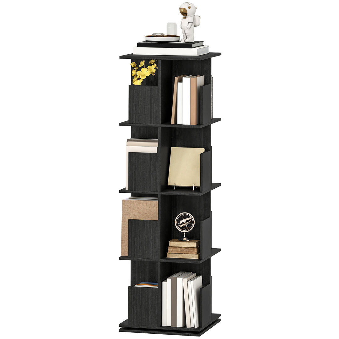 HOMCOM 360° Rotating Bookcase, 4 Tier Bookshelf with 16 Cubbies for Small Space, Living Room, Bedroom, Study, Black Wood Grain