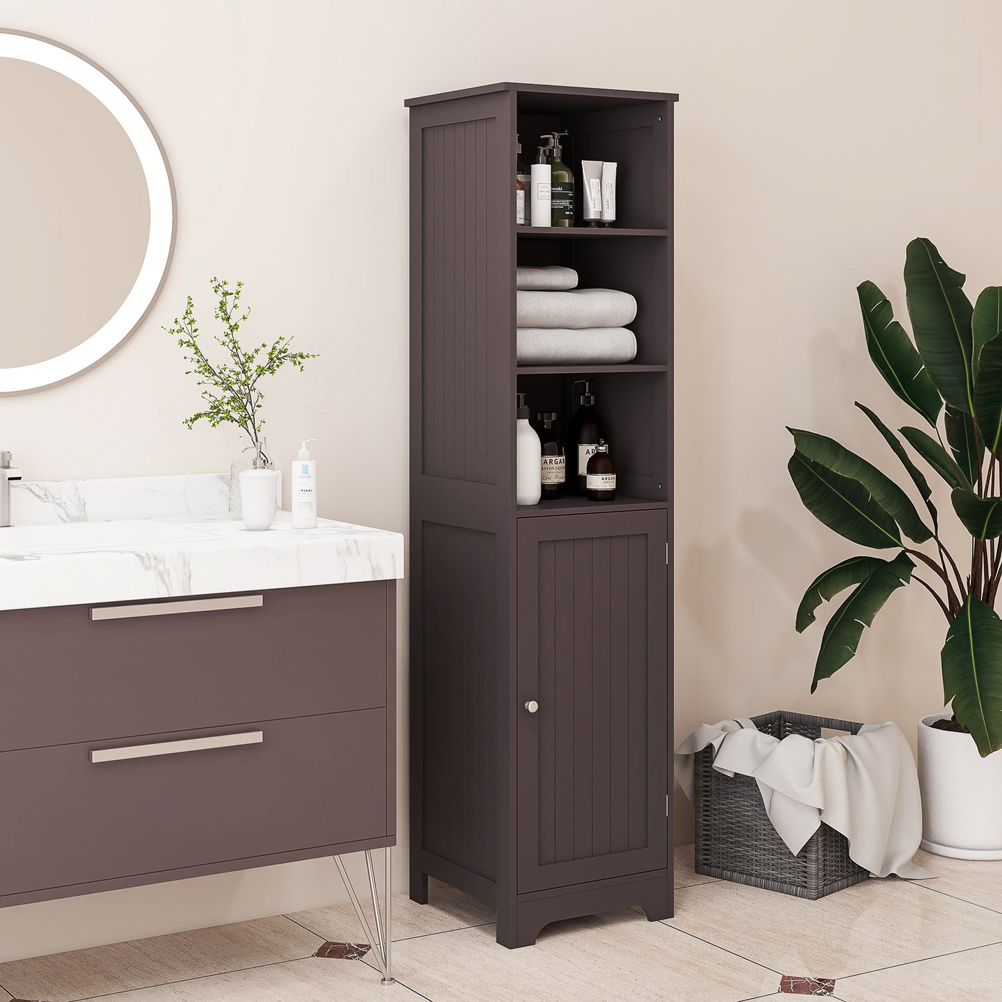 kleankin Tall Bathroom Storage Cabinet, Freestanding Tower Cabinet with Adjustable Shelf, 3 Open Shelves, White