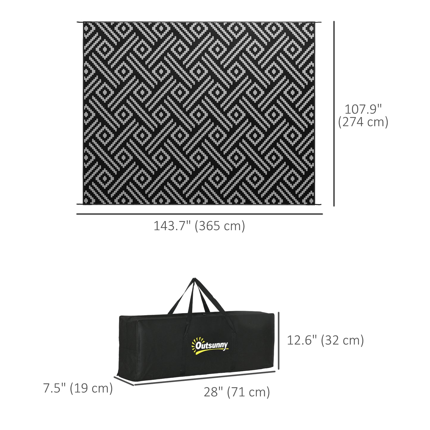 Outsunny Reversible Outdoor Rug Waterproof Plastic Straw RV Rug with Carry Bag, 9' x 12', Black and Grey Geometric