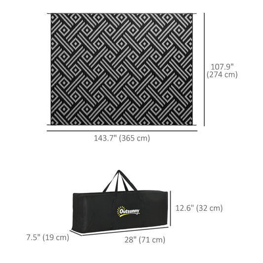 Outsunny Reversible Outdoor Rug Waterproof Plastic Straw RV Rug with Carry Bag, 9' x 12', Black and Grey Geometric