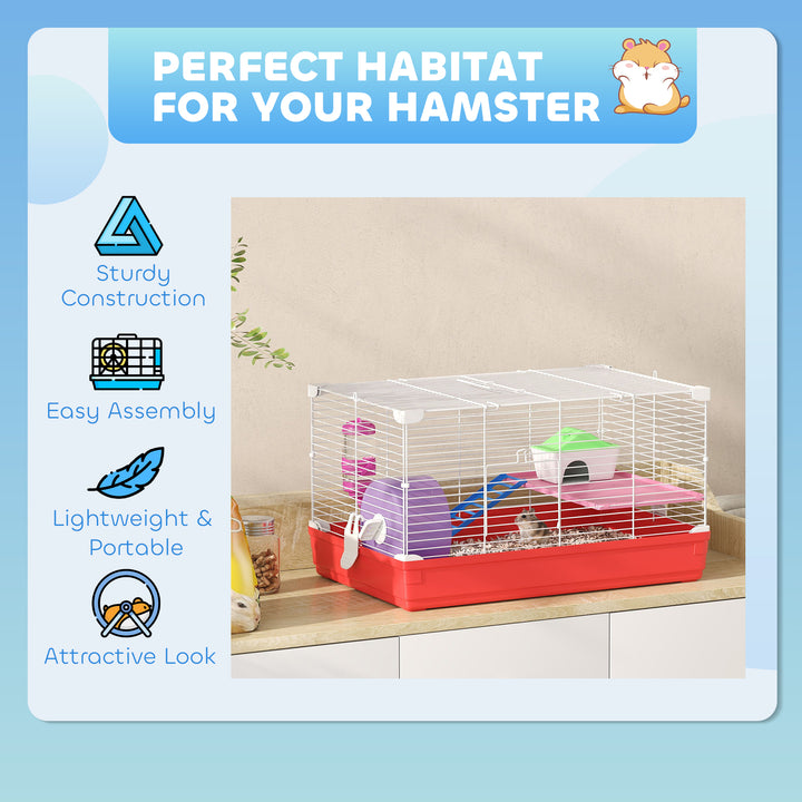 PawHut 18.5'' Hamster Cage with Exercise Wheel and Water Bottle Dishes, Rat House and Habitats 2 Storey Design, Red