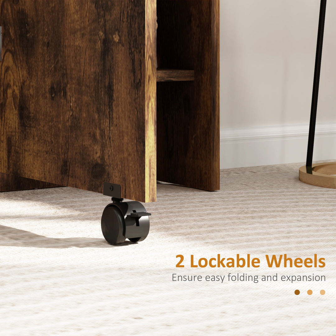 HOMCOM Extendable Dining Table, Collapsible Folding Table w/ 2-tier Shelves and Rolling Casters, Nature Wood