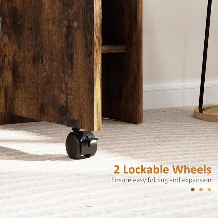 HOMCOM Extendable Dining Table, Collapsible Folding Table w/ 2-tier Shelves and Rolling Casters, Nature Wood