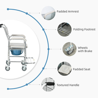 HOMCOM 3-in-1 Shower Commode Wheelchair, Transport Beside Commode Chair with Padded Seat for the Elderly, Disabled