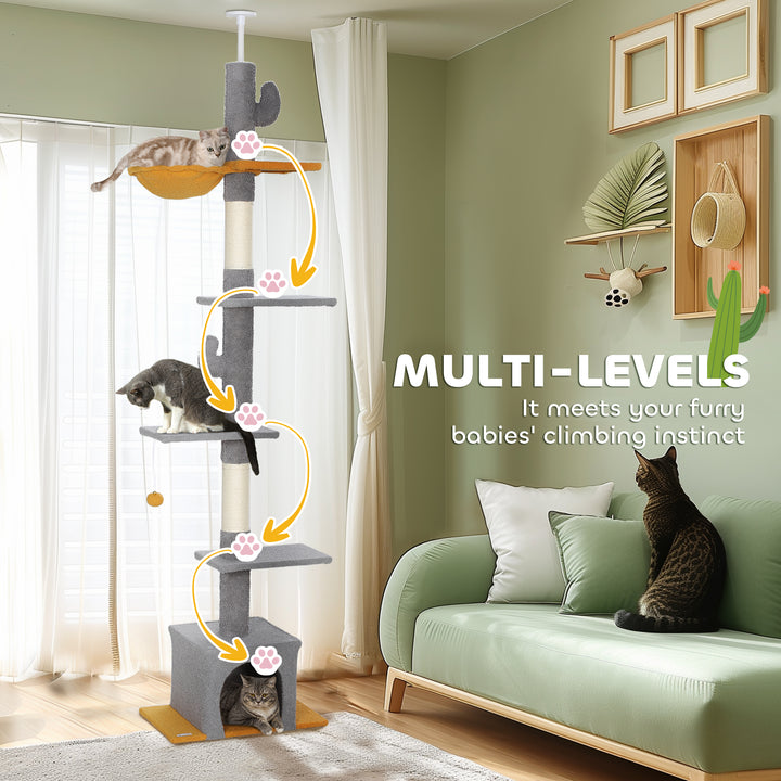 PawHut Floor to Ceiling Cat TreeTower with 90.5"-108" Adjustable Height, Scratching Posts, Hammock, Comdo, Toy Ball, Light Grey