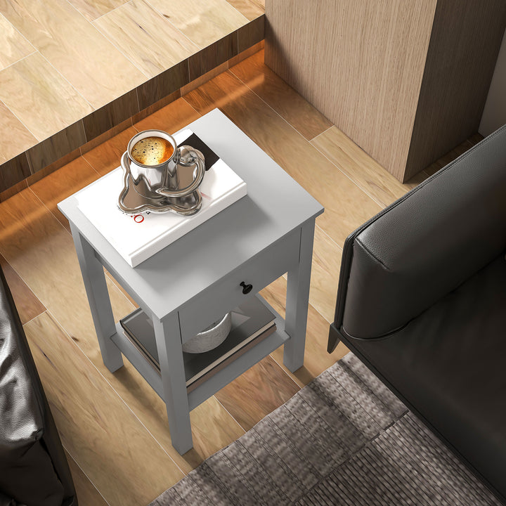 HOMCOM Side Table Set of 2, End Tables with Drawer and Bottom Shelf, 2-tier Nightstand for Bedroom, Living Room, White