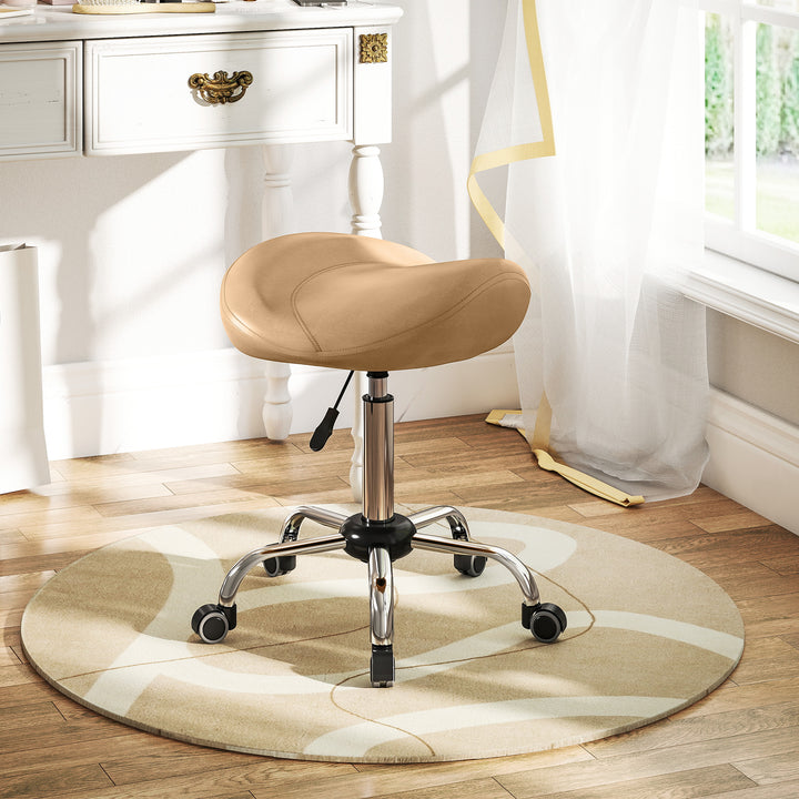 HOMCOM Saddle Stool, Height Adjustable Rolling Salon Chair with PU Leather for Massage, Spa, Clinic, Beauty and Tattoo, White