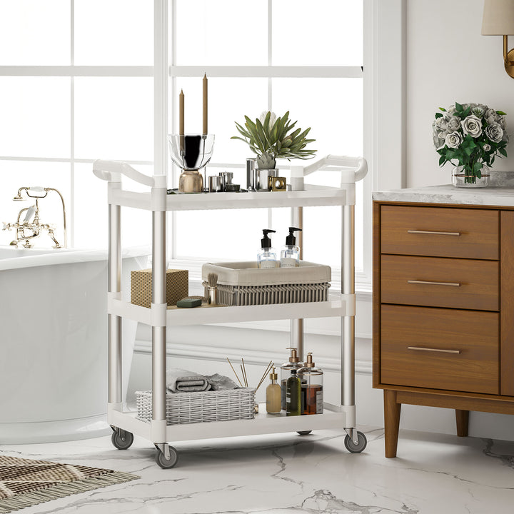 HOMCOM 3-Tier Utility Cart Large Rolling Storage Trolley with 3 Shelves Metal Clean Service Cart, Restaurant, Hotel, Livingroom, Silver and Grey