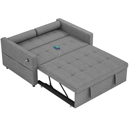 HOMCOM Pull Out Sofa Bed, Sleeper Sofa Couch with USBâ€‘A+C, Small Linen Loveseat Futon Couch for Living Room, Grey