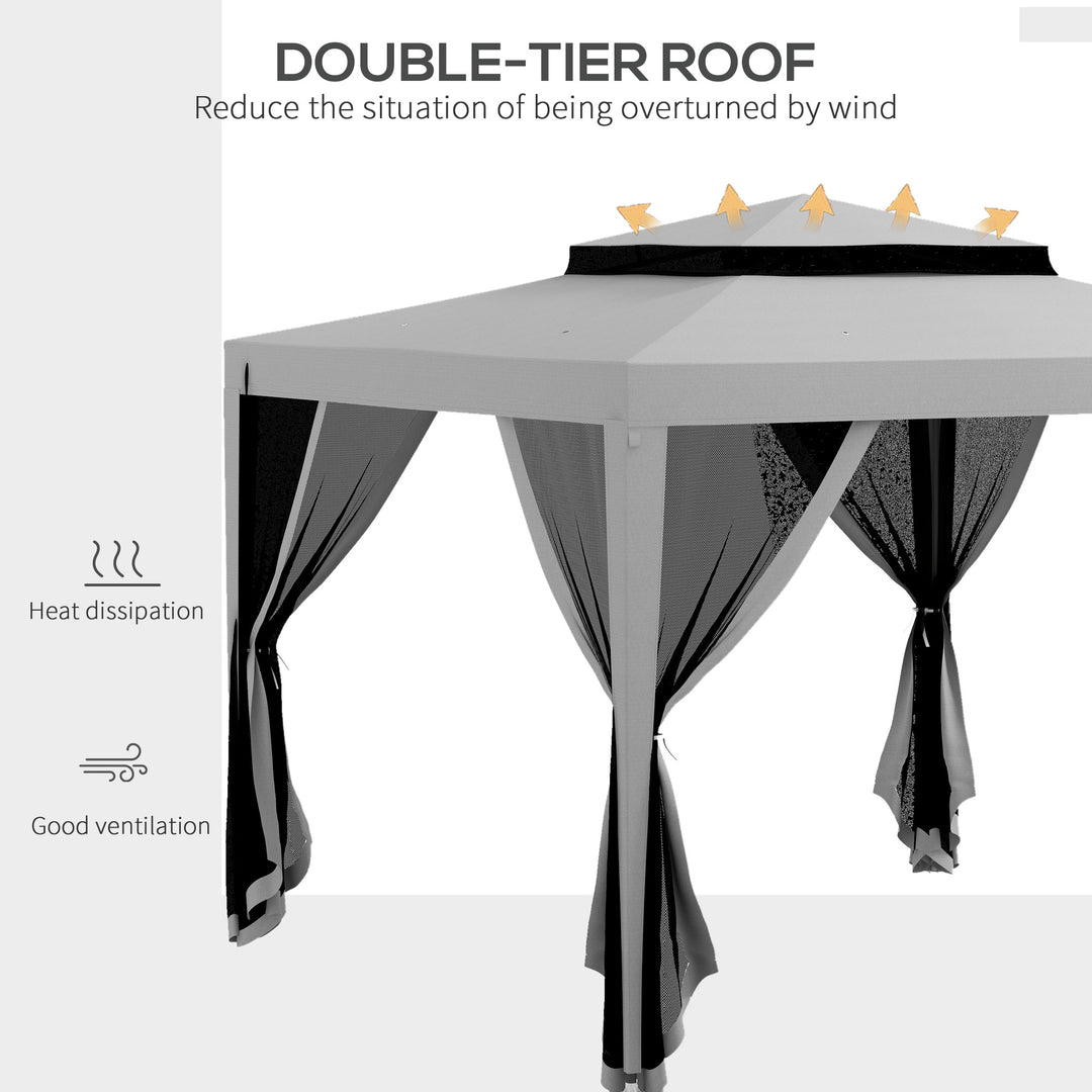 Outsunny 10' x 10' Outdoor Canopy Tent Party Tent with Mesh Netting and Double Tier Roof for Backyard, Garden, Patio, Light Grey