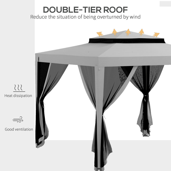 Outsunny 10' x 10' Outdoor Canopy Tent Party Tent with Mesh Netting and Double Tier Roof for Backyard, Garden, Patio, Light Grey