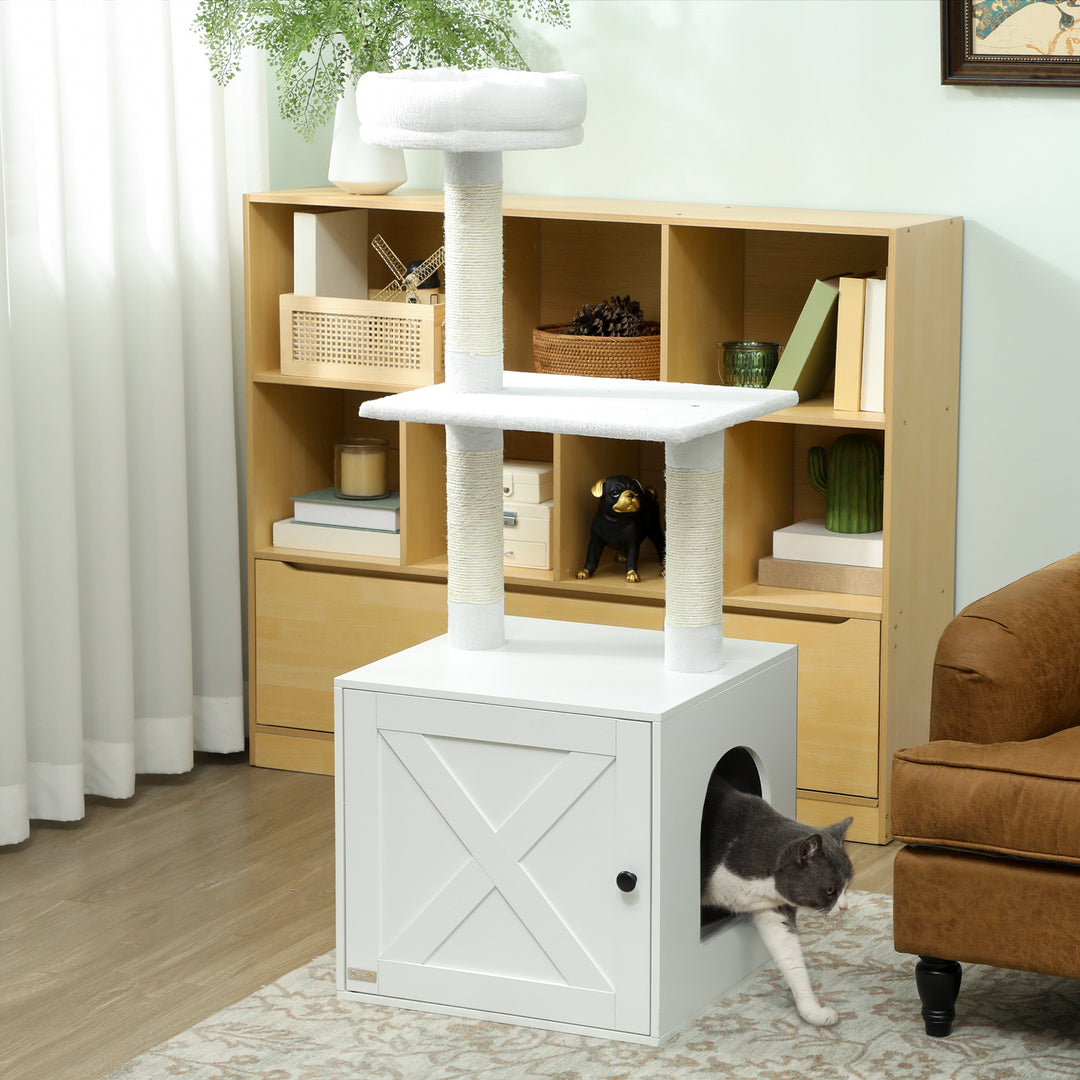 PawHut Cat Tree with Litter Box Enclosure, Sisal Covered Scratching Posts, Large Platform, Bed for Indoor Cats, White