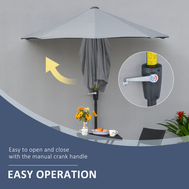 Outsunny 6.6 x 6ft Half Patio Umbrella Outdoor Parasol with Double-Sided Canopy, Crank Handle, Base for Garden, Balcony, Grey