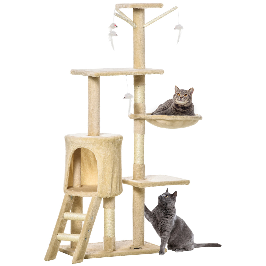 PawHut 53" Cat Tree Tower, Kitten Activity Centre with Scratching Posts, Condo, Perches, Ladder, Hammock, Dangling Toys, Beige