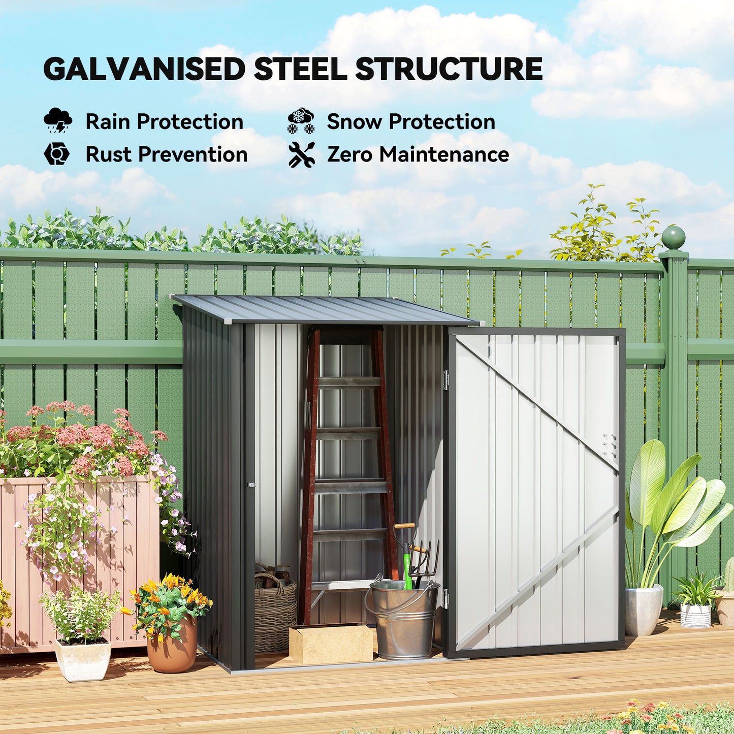 Outsunny 3.3' x 3.4' Lean-to Garden Storage Shed, Outdoor Galvanized Steel Tool House with Lockable Door for Patio Dark Gray