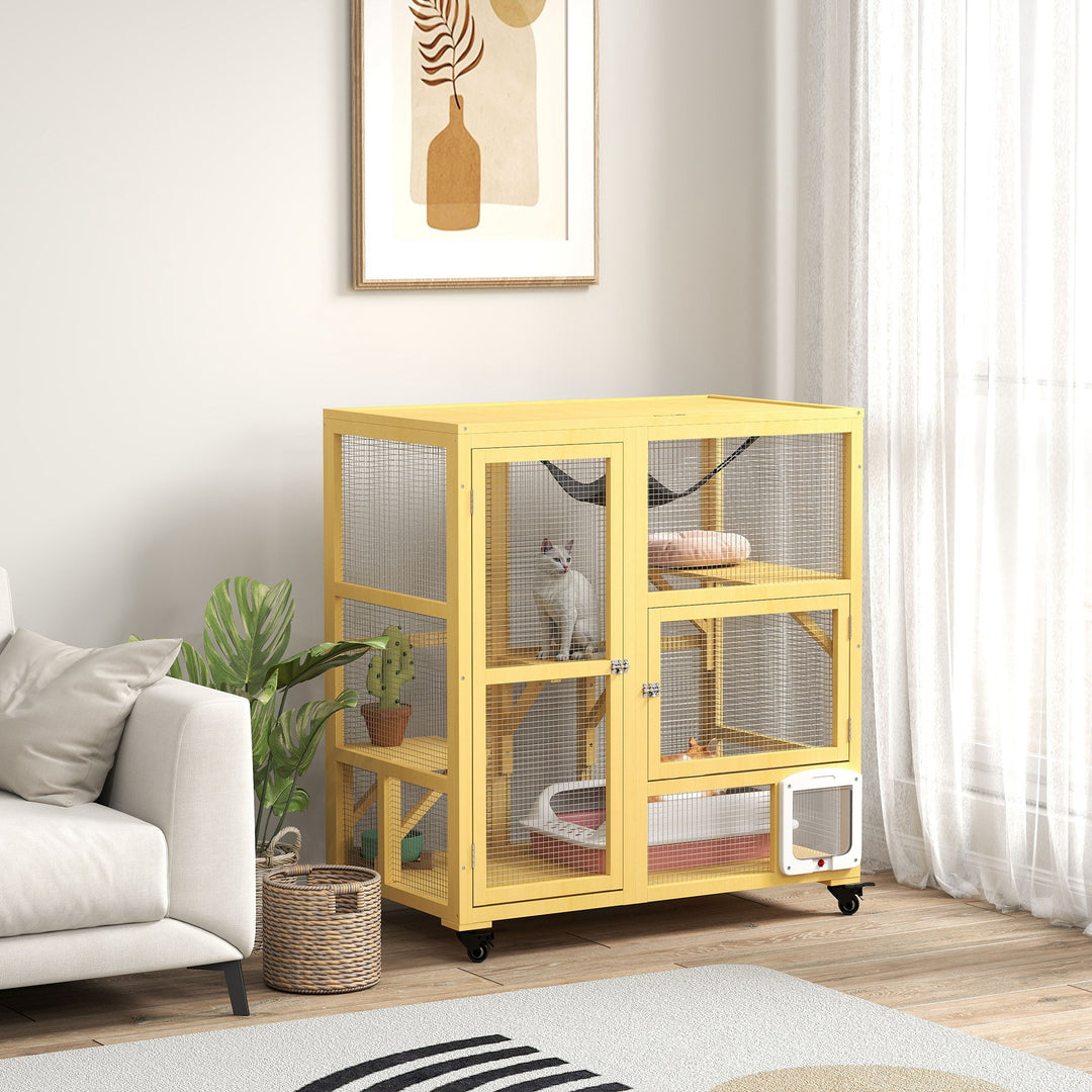 PawHut Cat Condo Wooden Indoor Cat House on Wheels with Cat Flap Door Platforms Hammock Openable Top for 2 Cats, Light Grey