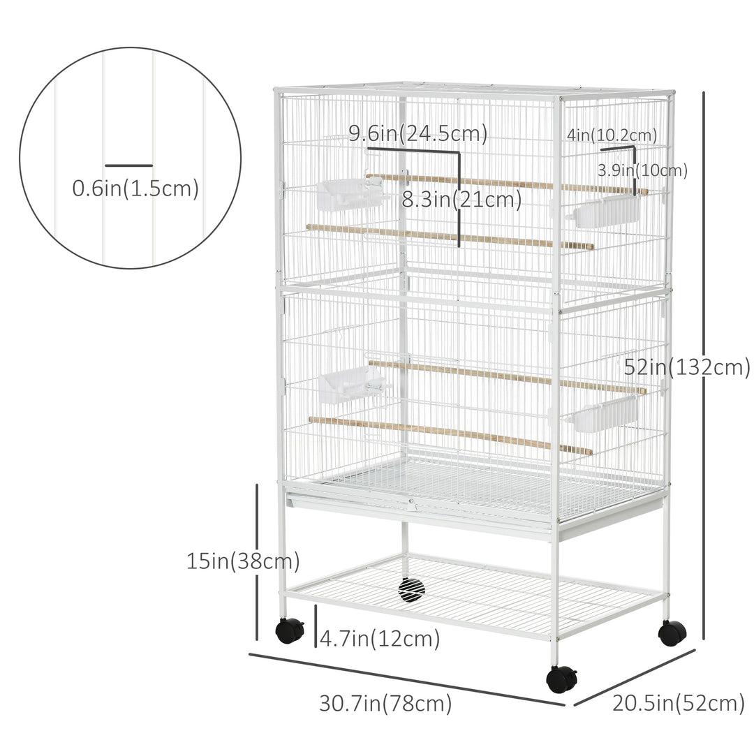 PawHut 52'' Large Rolling Steel Bird Cage Bird House with Rolling Stand, Storage Shelf, Wood Perch, Food Container, Dark Grey