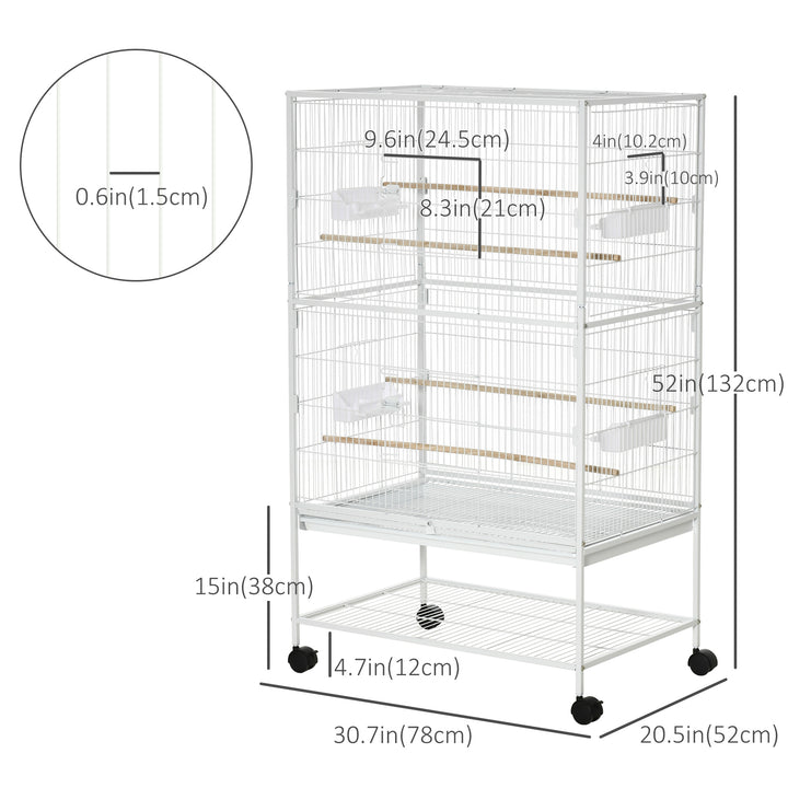 PawHut 52'' Large Rolling Steel Bird Cage Bird House with Rolling Stand, Storage Shelf, Wood Perch, Food Container, Dark Grey