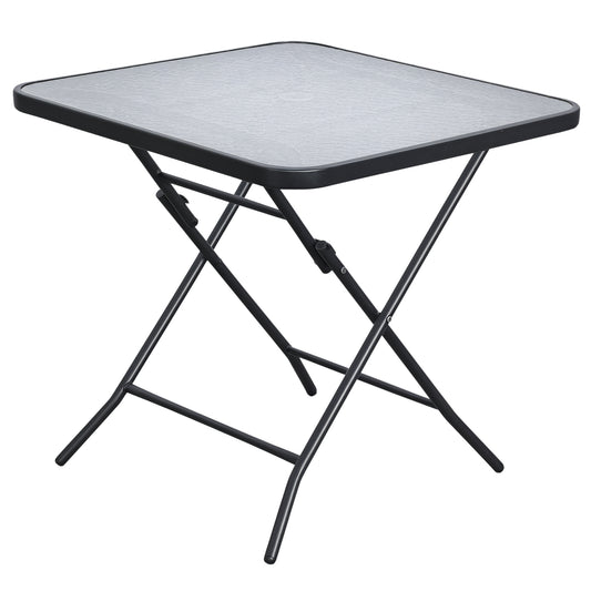 Outsunny 30" Square Outdoor Dining Table, Foldable Patio Table with Umbrella Hole, Water-Grain Glass Top Coffee Table for Balcony, Poolside, Black