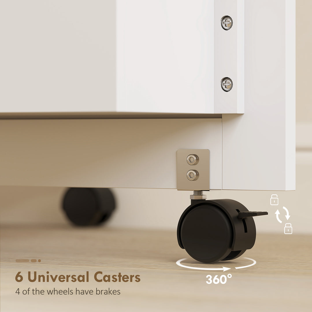 HOMCOM Folding Craft Table, Rolling Sewing Machine Table with Magnetic Doors, Bins, Pegs, Storage Shelf, Lockable Wheels, White