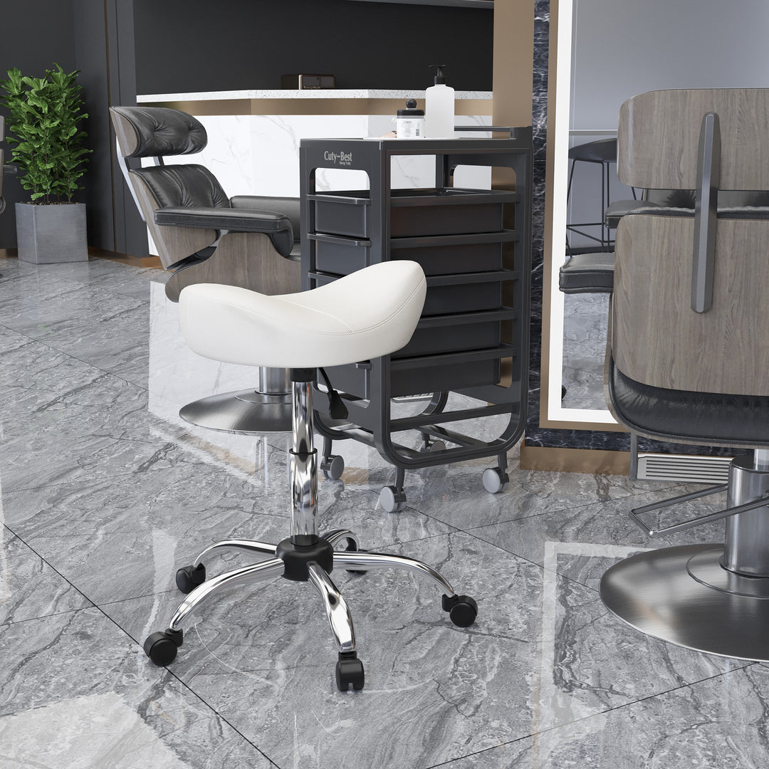 HOMCOM Saddle Stool, Height Adjustable Rolling Salon Chair with PU Leather for Massage, Spa, Clinic, Beauty and Tattoo, White