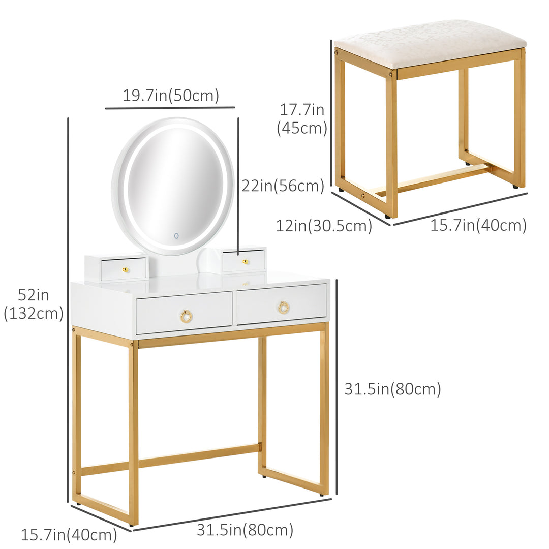 HOMCOM Makeup Vanity Table Set with 3-Color Touch Screen Dimmable Lighted Mirror, Dressing Desk with 4 Drawers and Cushioned Stool for Bedroom, White